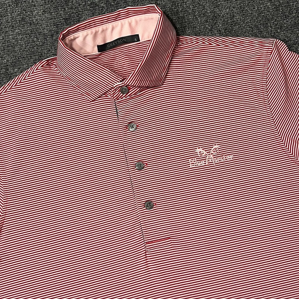 Greyson Men Polo Shirt Size Small Red Stripe Performance Golf Logo Blue Monster